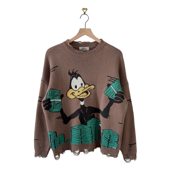 Empty Reference Daffy Duck Cashmere Blend Distressed Sweater Brown Sz S - Picture 1 of 13
